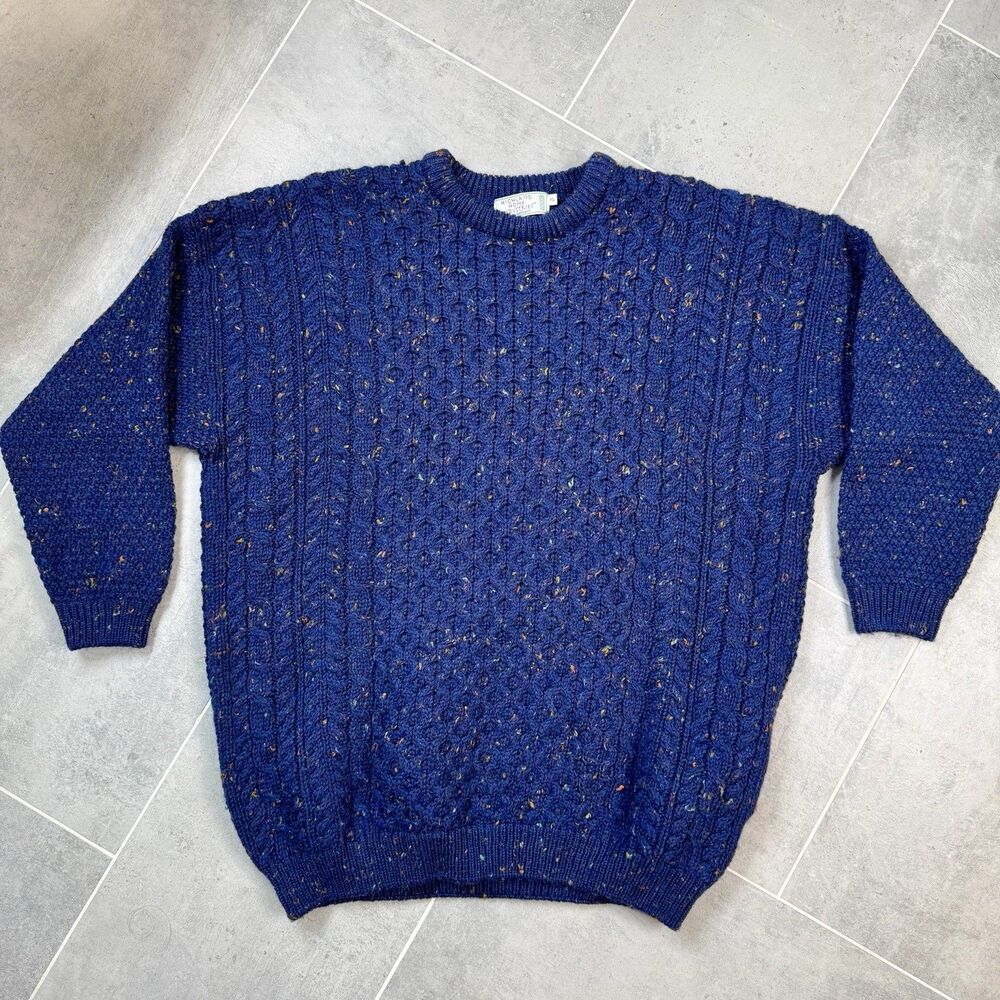 Highland Home Industries Womens XL Wool Sweater Blue Honeycomb Knit Scotland